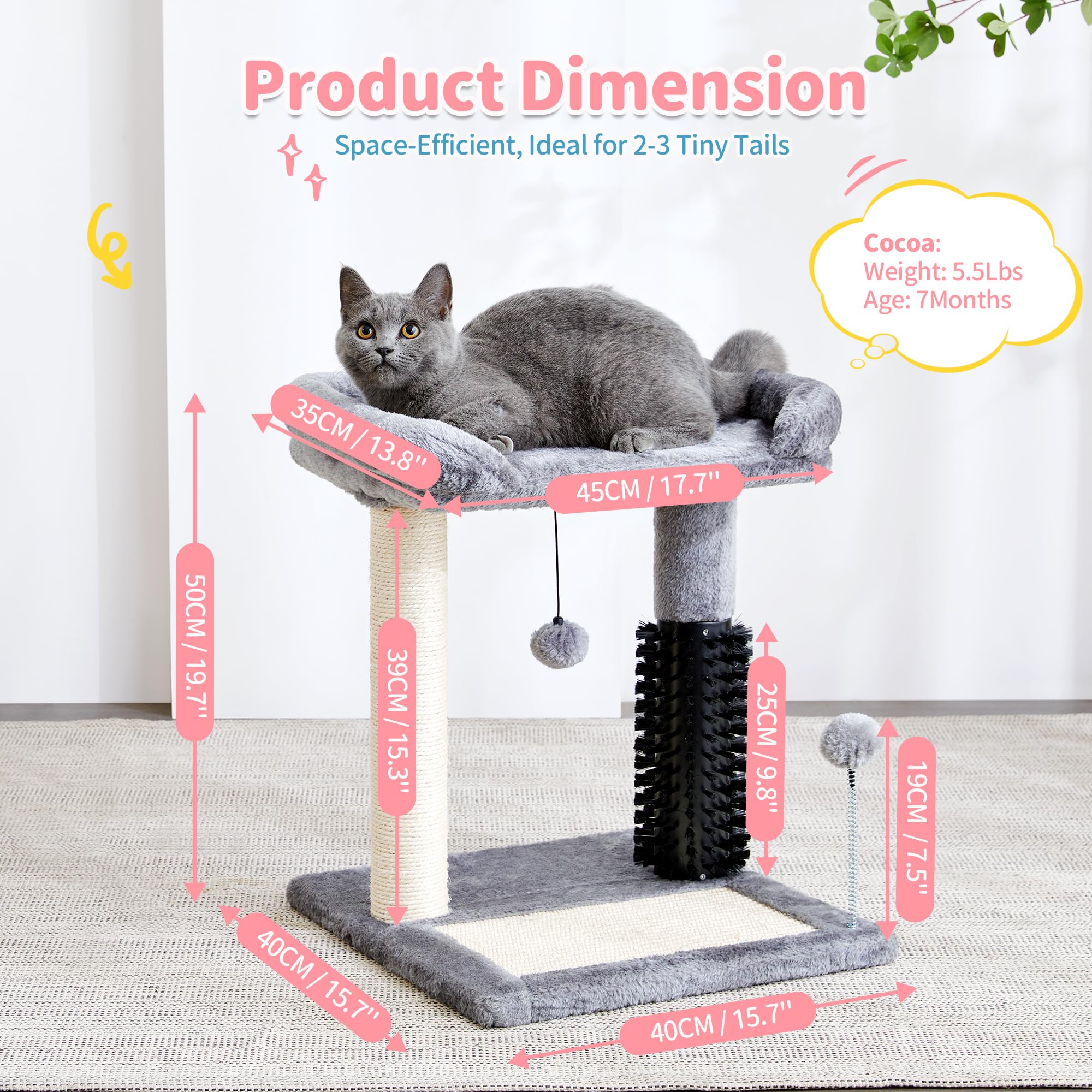 Made4Pets Small Cat Tree Tower, Cat Scratching Post 4-In-1 With Self Groomer Brush, 20'' Tall Natural Sisal Cat Scratcher, Soft